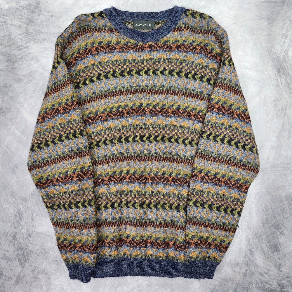100% Alpaca Wool Geometric Earthy Striped Sweater Large Peru Knit Chevron Boho